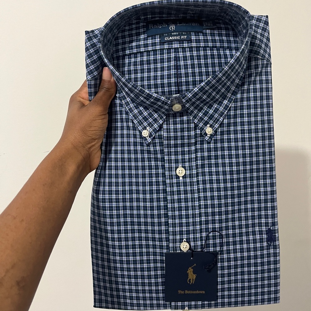 Ralph Lauren Navy and White Plaid Button-Down Shirt